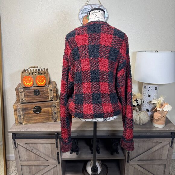 SKIMS Cozy Knit Pullover Sweater Red Black Brick Buffalo Plaid S/M Holiday Comfy - Picture 5 of 8